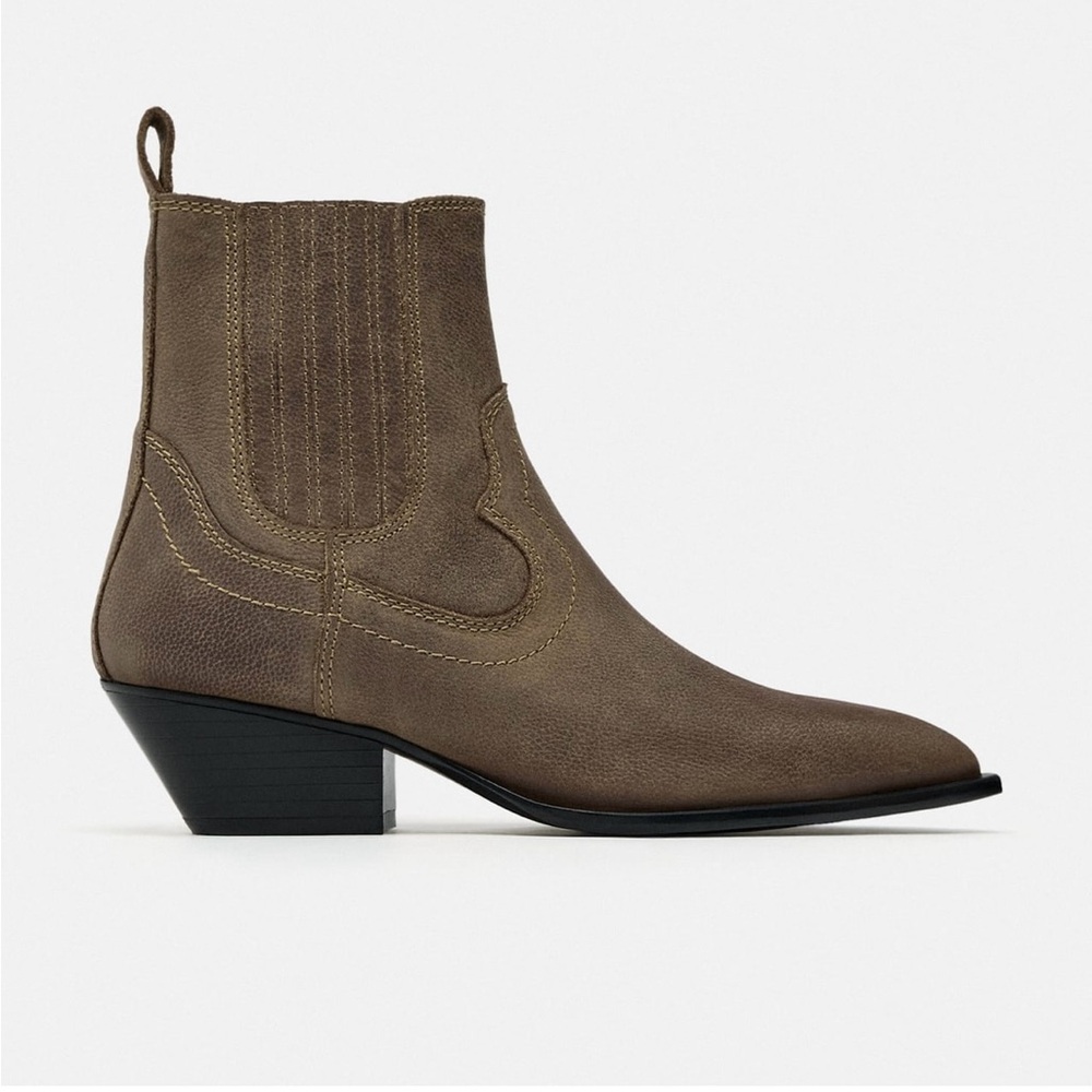 Zara Waxed Leather Cowboy Ankle Boots NWT